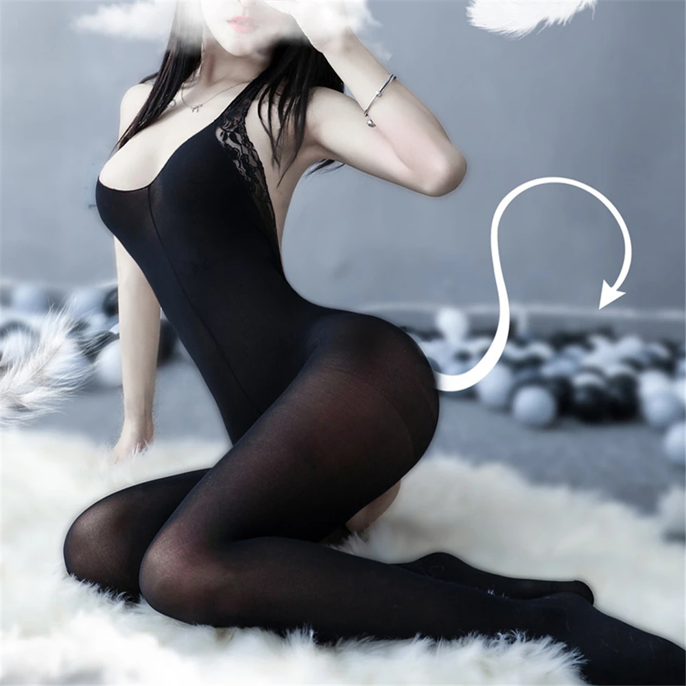 Crotchless Silk Bodystocking Female Full Body Pantyhose Ultra-thin Transparent Long-sleeve Open Crotch Tights Lingerie Teddy