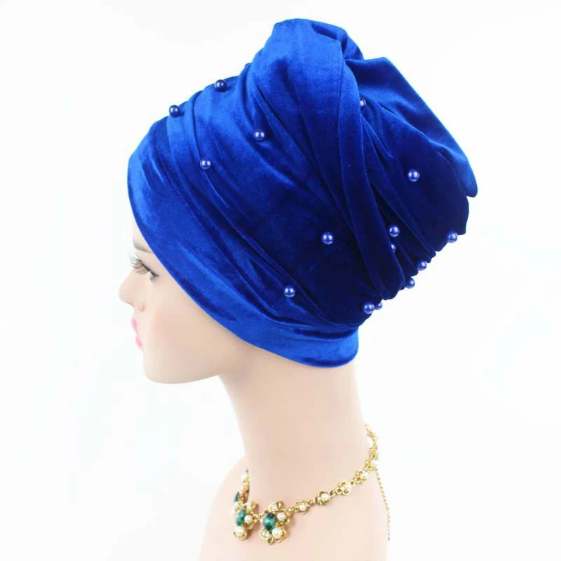 Hohe Qualität Samt Kopf Wraps für Frauen Winter Turban Schal mit Perlen Perlen Kopftuch Motorhaube Afrikanische Hut Turbante Mujer