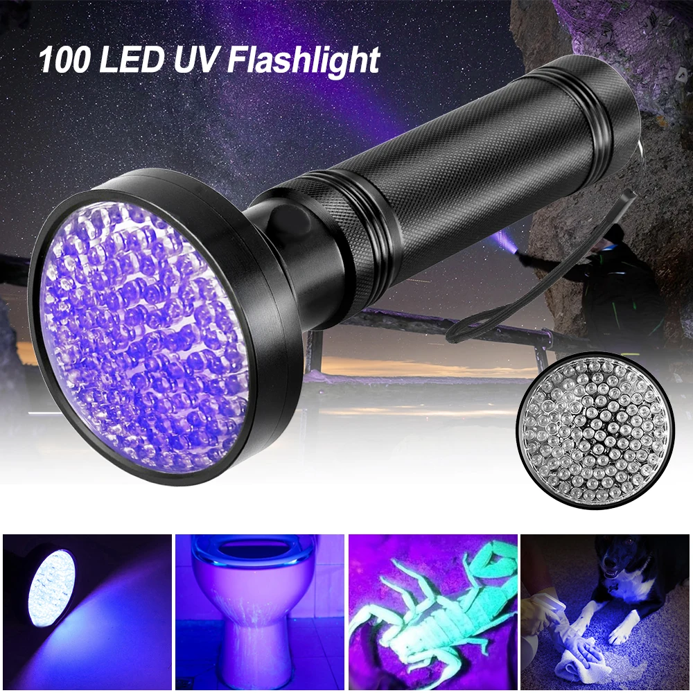 

100 LED Ultraviolet Invisible UV Flashlight Torch 395nm Violet Detection Lamp Lantern for Pets Stain Cash detection Hunting