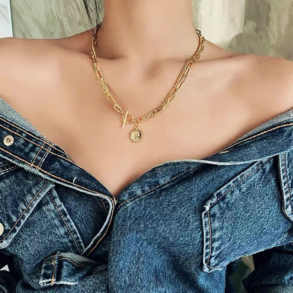 UMKA Empress head portrait Metal Chain For Women Fashion Double-Layer Gold Color Stainless Steel Long Choker Clavicle Necklace