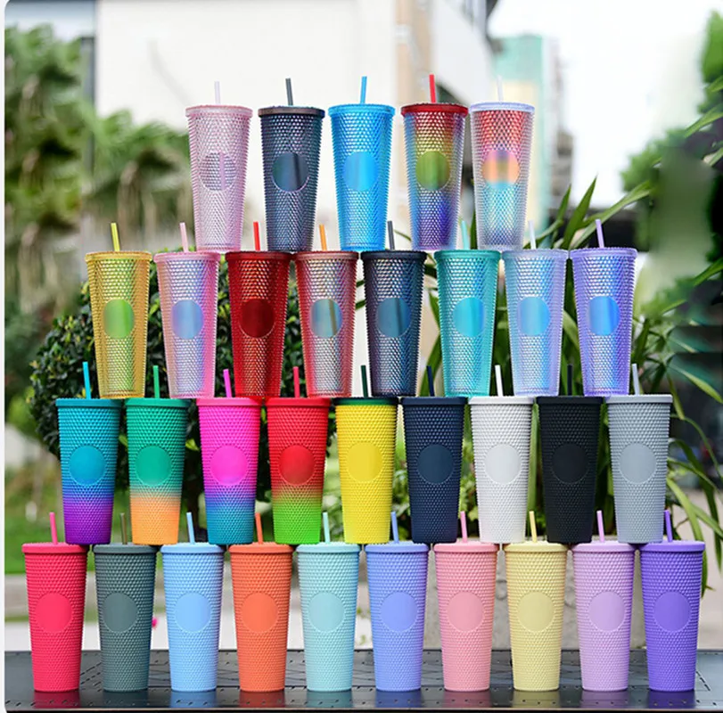 Matte Finish Double Wall DIY 710ml 24oz Noctilucence Plastic Diamond Tumbler Straw Tumbler With Straw No Starbks Logo