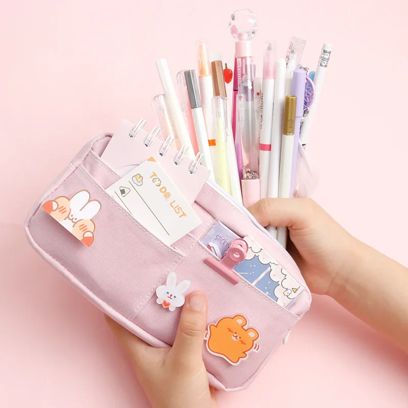 kawaii Large Pencil Case Stationery Storage Bags Canvas Pencil Bag Cute Makeup Bag School Supplies for Girl Kids Gift w/ Badge