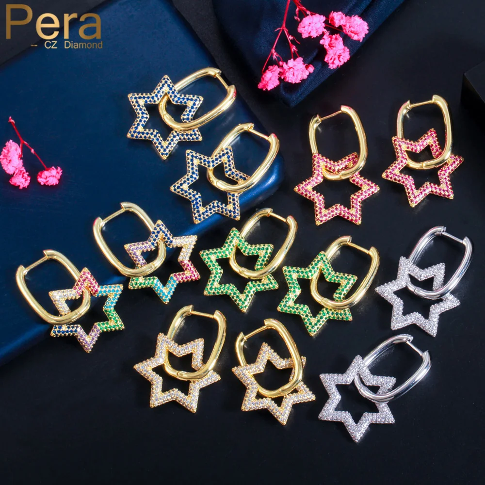 

Pera Romantic Big Rainbow Cubic Zirconia Lucky Star Drop Gold Color Jewelry Dangle Earrings for Women Engagement Party E685