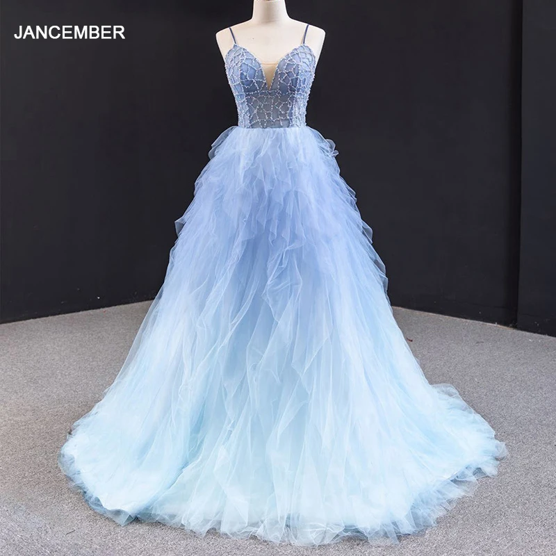 

J66989 Jancember Blue A-Line Prom Dresses 2020 Elegant Spaghetti Strap With Sleeveless Beaded Backless