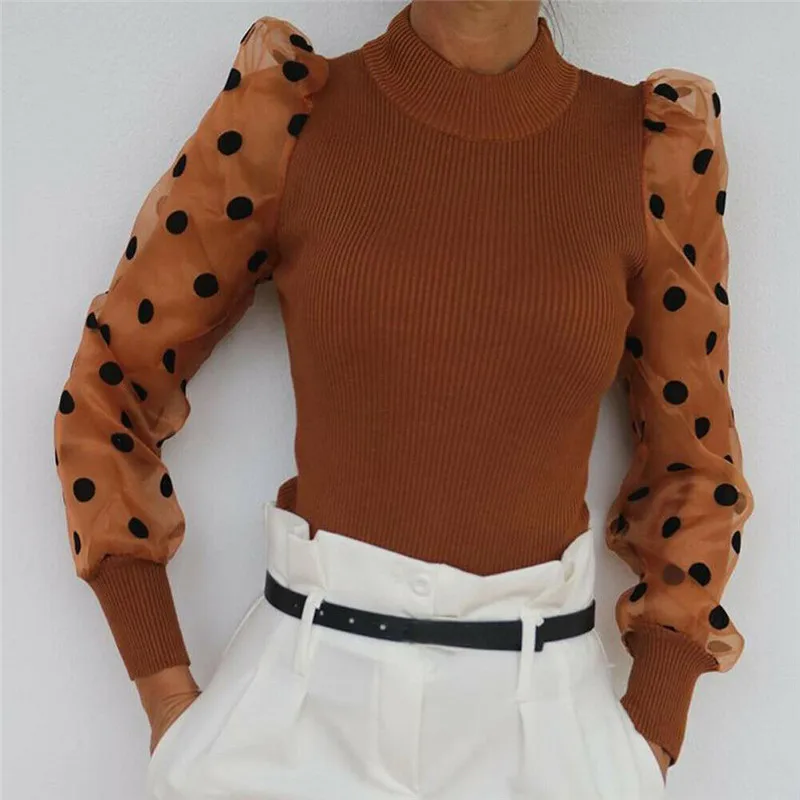 Women Spring Mesh Puff Long Sleeve Ribbed Knitted Shirt Loose Casual Polka Dots Blouse Tops Elegant Turtleneck Party Clubwear