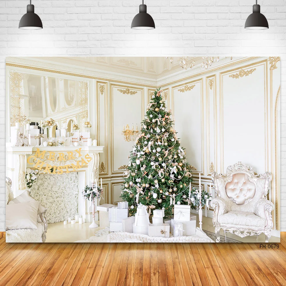 Merry Christmas Backdrops Gift Fireplace Tree Candle Light Newborn Baby Portrait Party Photography Background For Photo Studio