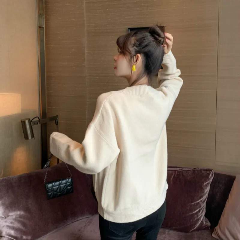 Snordic Women Autumn Winter V Neck Beige Sweater Full Sleeve Single Breasted Loose Knitted Cardigan Coat Pockets