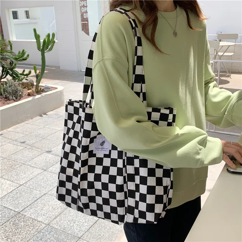 

Canvas Checkerboard Bag For Women Casual Plaid Tote Shoulder Bags Leopard Print Large Handbags Female Travel Shopping School Bag