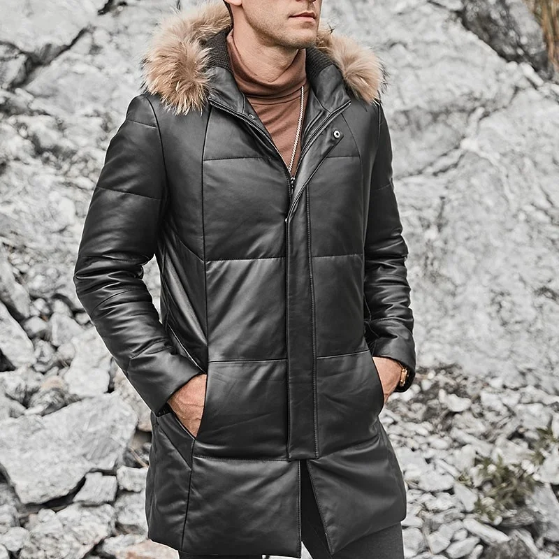 

Fur Raccoon Collar Genuine Leather Mens Down Coats Autumn Winter New Brand Zipper Medium Length Warm Hooded Jackets Plus Size