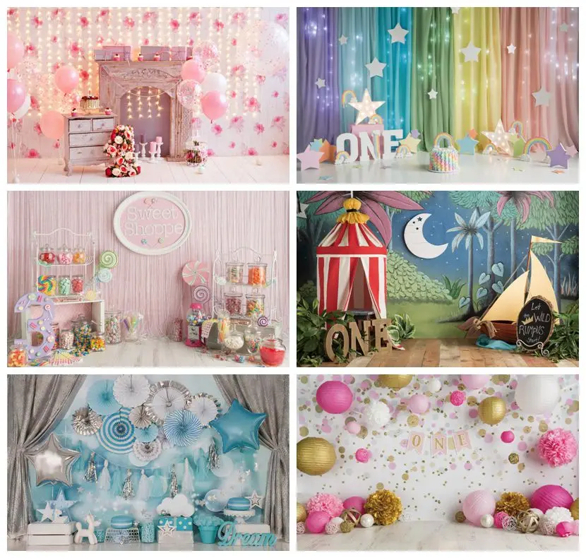 Laeacco Birthday Photo Backdrops Balloons Fireplace Stars Lights Children Portrait Photography Backgrounds Baby Shower Photozone