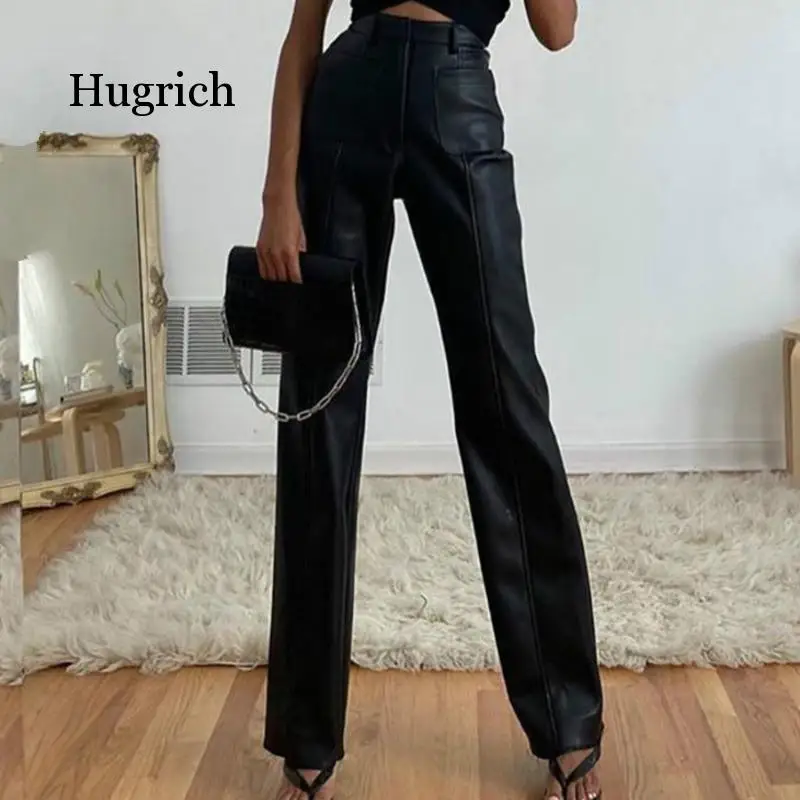 

2021 Fashion Black Pu Leather Pants Women High Waist Pockets Wide Leg Femme Pantalon Elegant Solid Bodycon Trousers