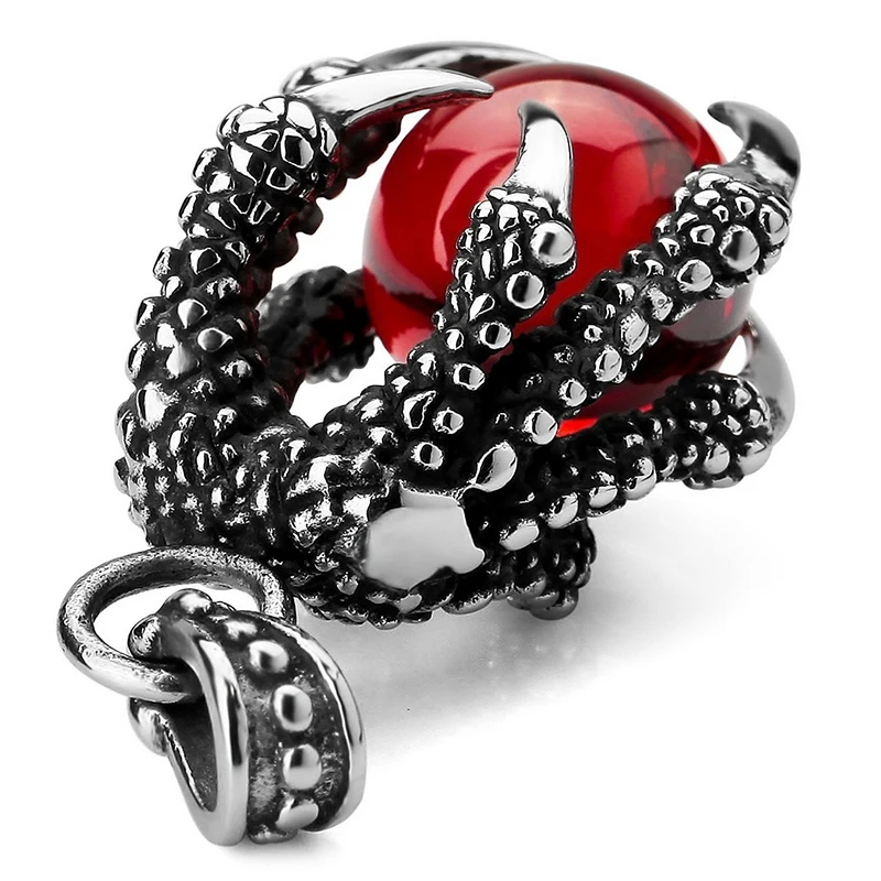 Stainless Steel Pendant Necklace CZ Red Dragon Claws Bead Gothic Men ,23 inch Chain