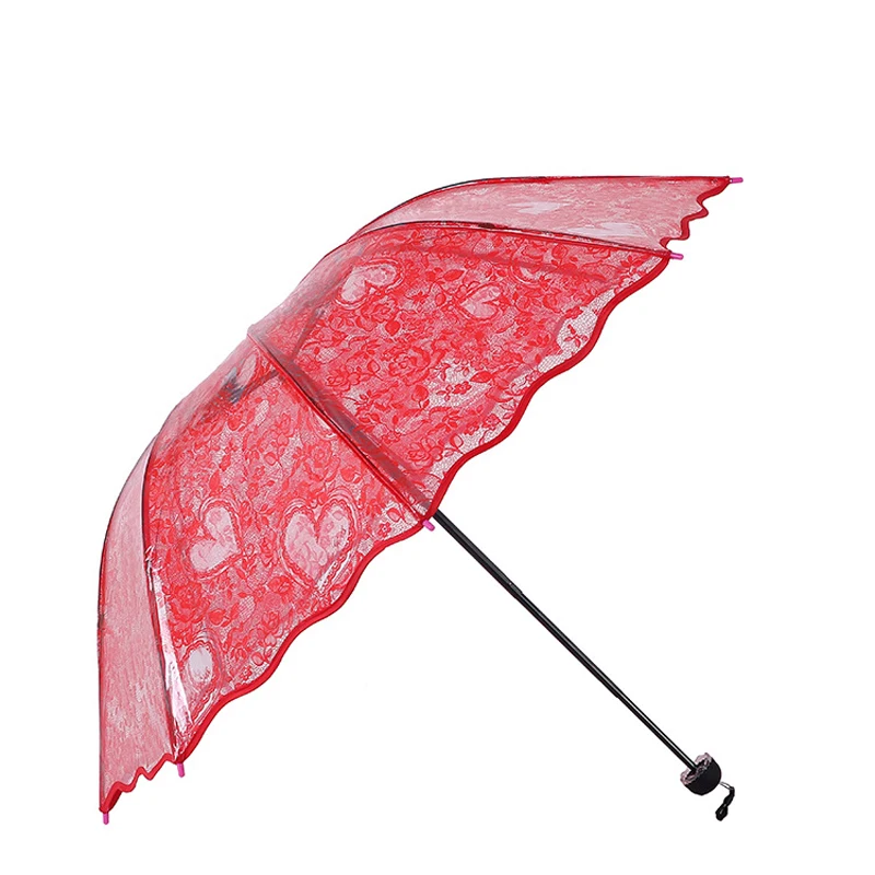 Thicken Three Fold Transparent Princess Umbrella Romantic Lace Red Heart Print PVC Clear Umbrellas Lovers Girls Gifts Dropship