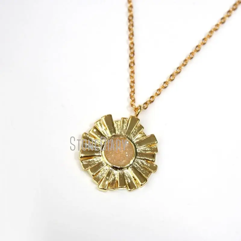 

NM12496 10Pcs Necklaces White Shimmer Round Shape Druzy Crystal Radial Gold Plating Hexagon Chains Necklaces 18inch-32inch