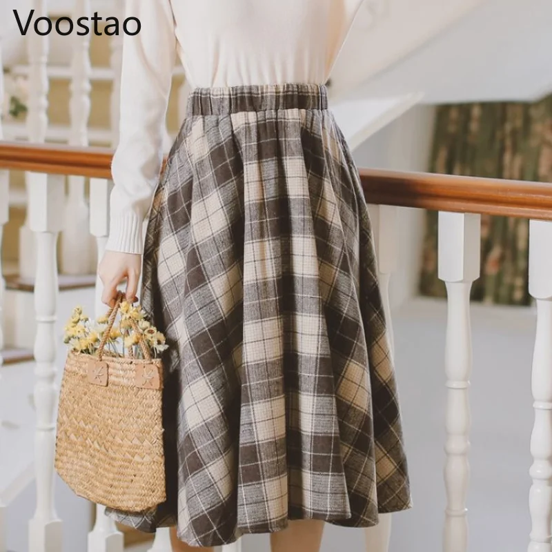 Autumn Winter Woolen Plaid Vintage Skirt Women Japanese Style Chic Patchwork Elegant Midi Skirt Female Y2k Korean Fashion Skirts