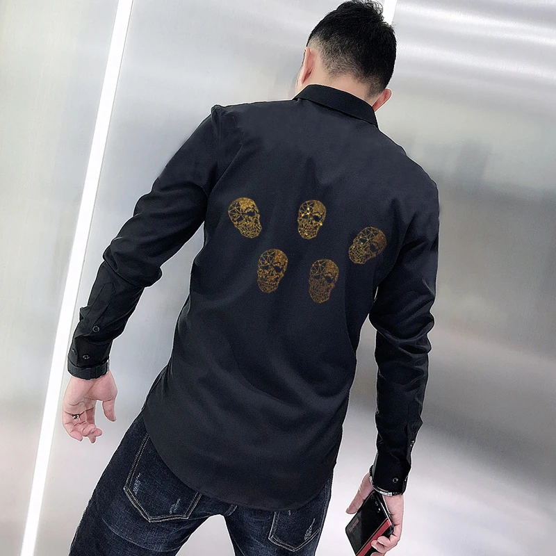 

Spring And Summer Men's T-Shirt New Design Button Lapel Long-Sleeved Skull Rhinestone Style Cotton Slim Tops