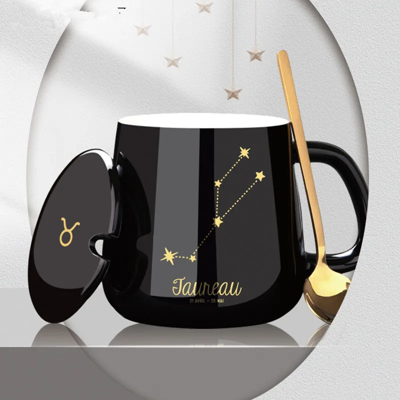 Ceramic Mugs 12 Constellations Creative Mugs With Spoon Lid Black Mug New Bone China Milk Coffee Cup Drinkware Gift Box Tea Mug