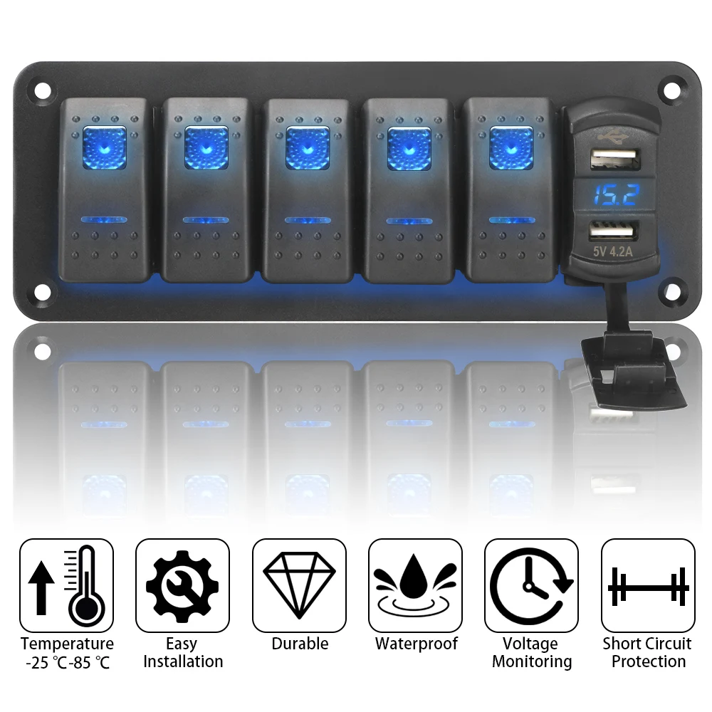 Waterproof Digital Voltage Display for Marine Car Truck 4.2A Outlet Combination 5 Gang Rocker Switch Panel Dual USB Port