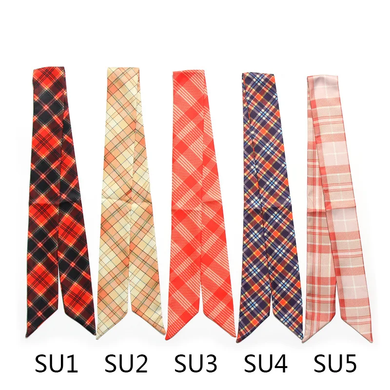 Retro Lattice Pattern Design Luxury Twill Silk 5*100cm Small Women Ribbon Scarf Art Print Hair Bags Handle Decoration Tie