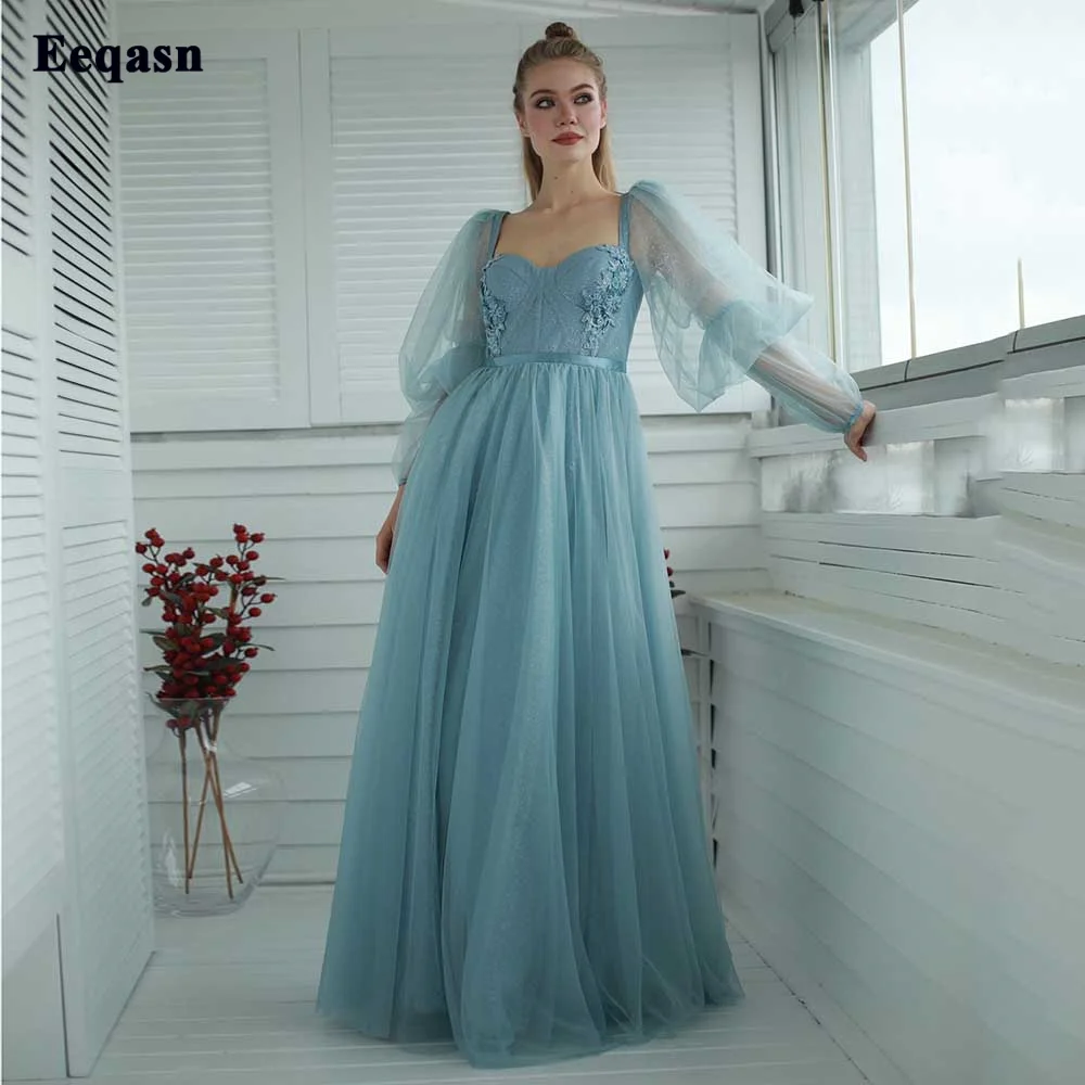 Eeqasn Blush Pink Glitter Tulle Beach Evening Party Dresses Lace Full Sleeves Prom Gowns Formal Women Event GownsCelebrity Dress