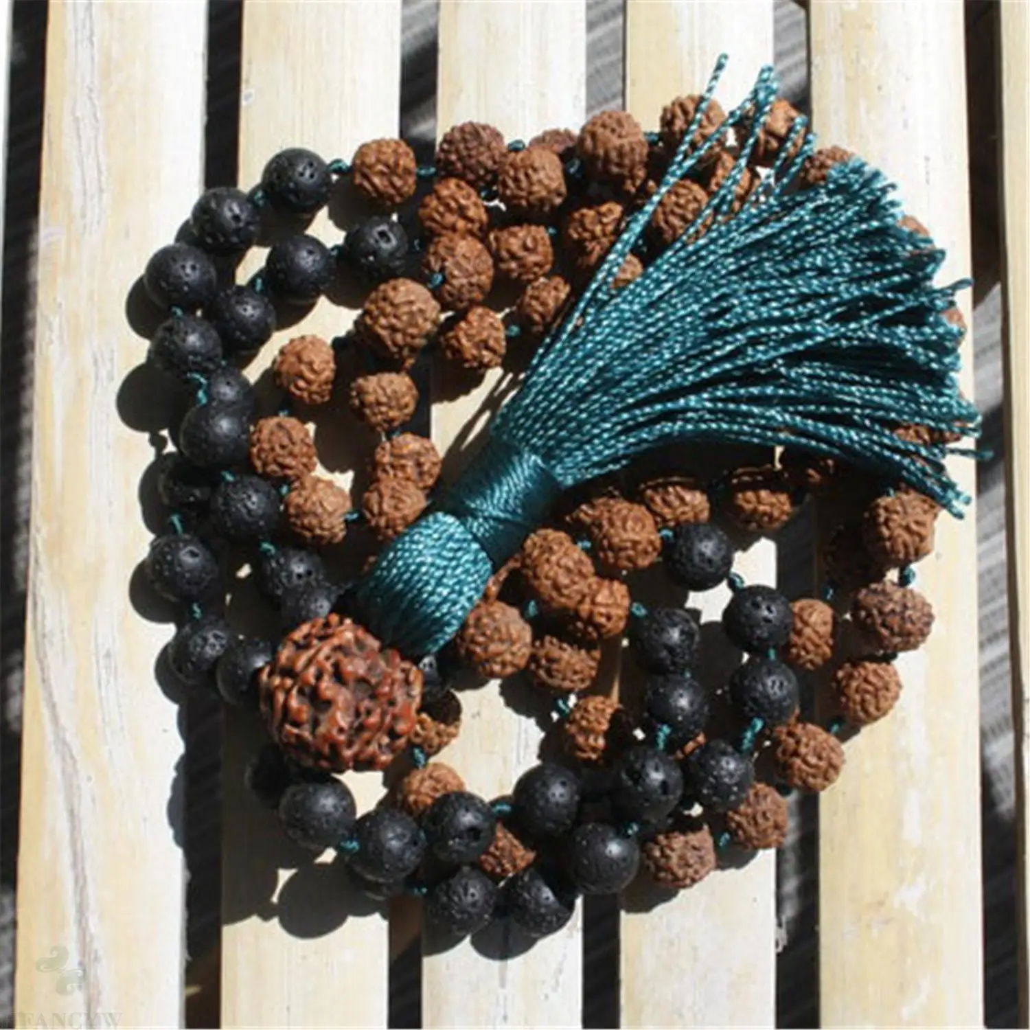 8mm King Kong Lava Stone Beads Handmade Tassel Necklace Retro Prayer Wristband