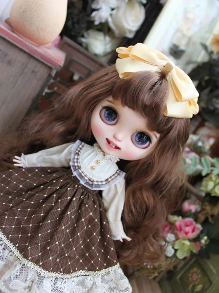 

Blyth doll clothes brown color check sweet dress + hair clips bowknot for Blyth small dress doll accessories doll clothes