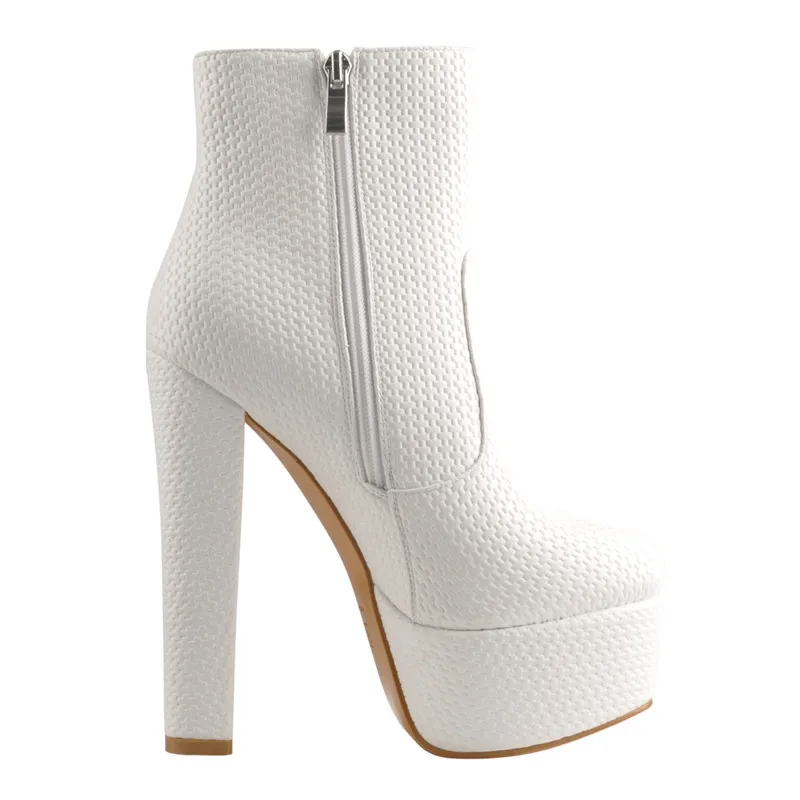 Onlymaker Platform Ankle White Boots Thick 16CM High Heel For Women Round Toe Plus Size For Ladies Winter Booties
