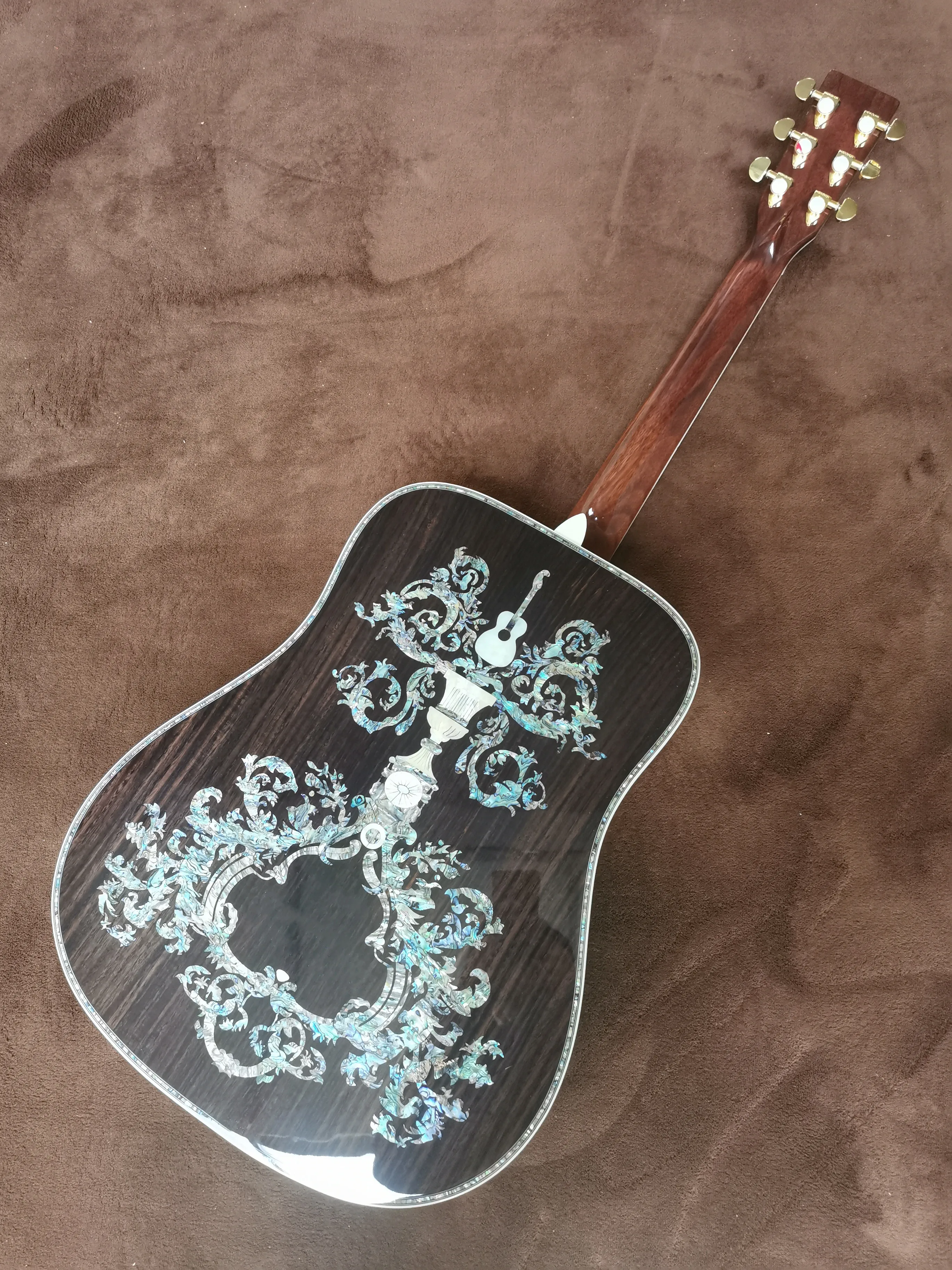 free shipping All solid wood black finger D barrel luxury abalone inlaid folk music electric wooden guitar