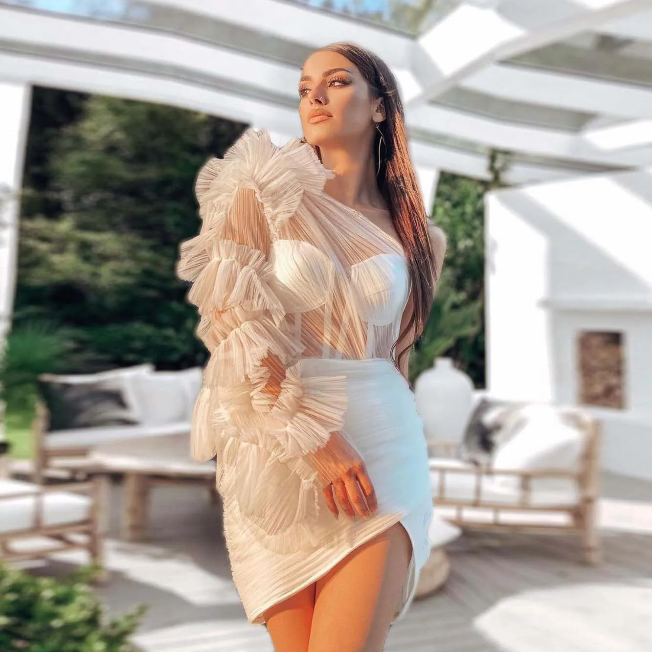 

White Sinple Casual Elegant Women Dress Tulle Ruffle One Shoulder See Thru Mini Dress Photography Evening Dress Custom Made