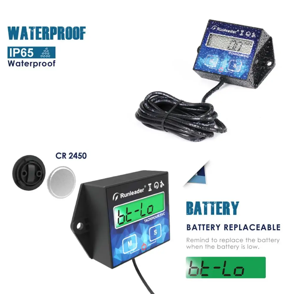 Small Digital Engine Tachometer Backlight Inductive Hour Meter Gauge Track Oil Change for Boat Lawn Mower Motorcycle Outboard