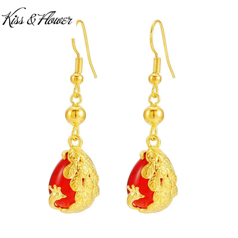 

KISS&FLOWER ER69 Fine Jewelry Wholesale Fashion Woman GirlBride Birthday Wedding Gift Peacock Water Drop 24KT Gold Drop Earrings