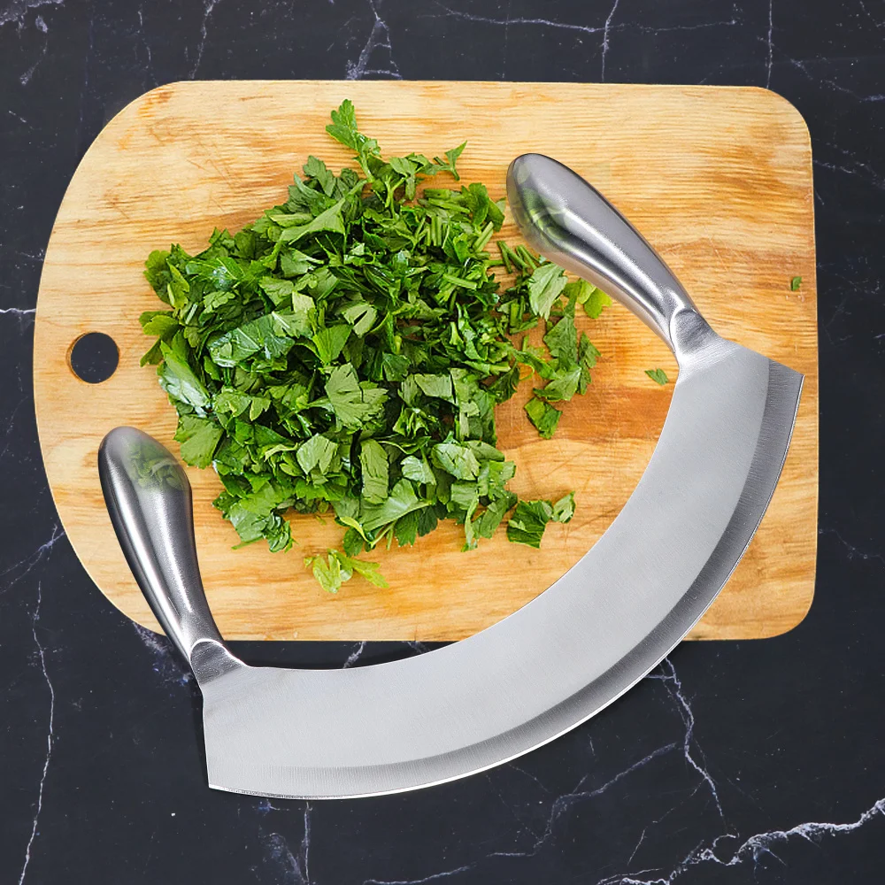 8.5 inch Stainless Steel Mezzaluna Knife Herb Chopper Pizza Cutter Fruit Vegetable Salad Slicer Dicer Herb Mincer Kitchen Knife