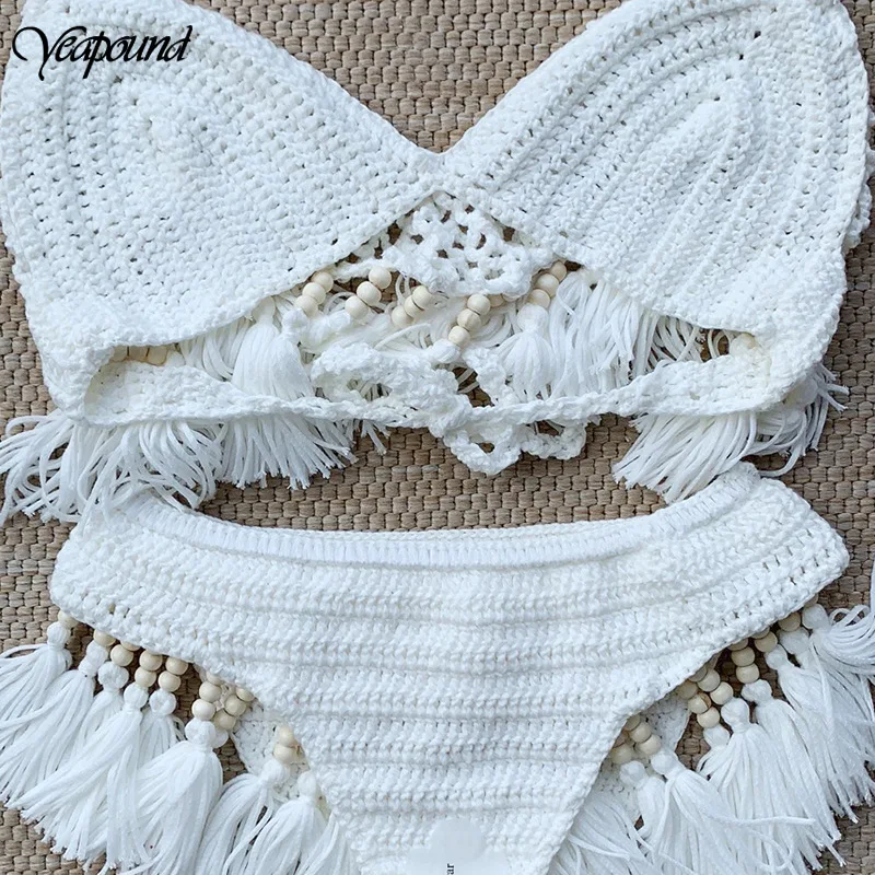 High Waist Bikini Tassel Hem Swimwear Women 2021 Solid Sexy Bikini Set Retro Knit Crochet Swimsuit Female Bathing Suit