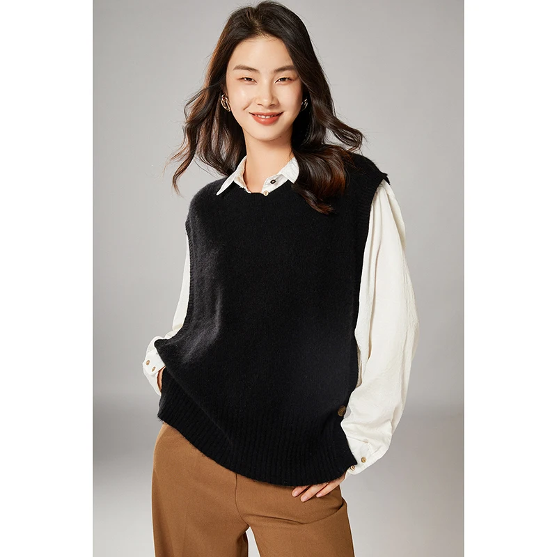 2024 Women\'s Spring Autumn 100% Pure Wool Knitted Vest Both Sides Split Loose Sweater Waistcoat Female Pullover Sleeveless Tops