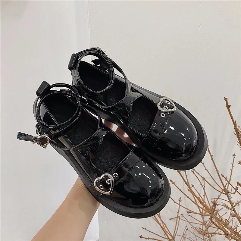 Women Mary Jane Shoes Harajuku Heart Black Wedge Thick Heel Platform Lolita Ladies Sandals Female Cross Tied Kawaii Sweet Shoes