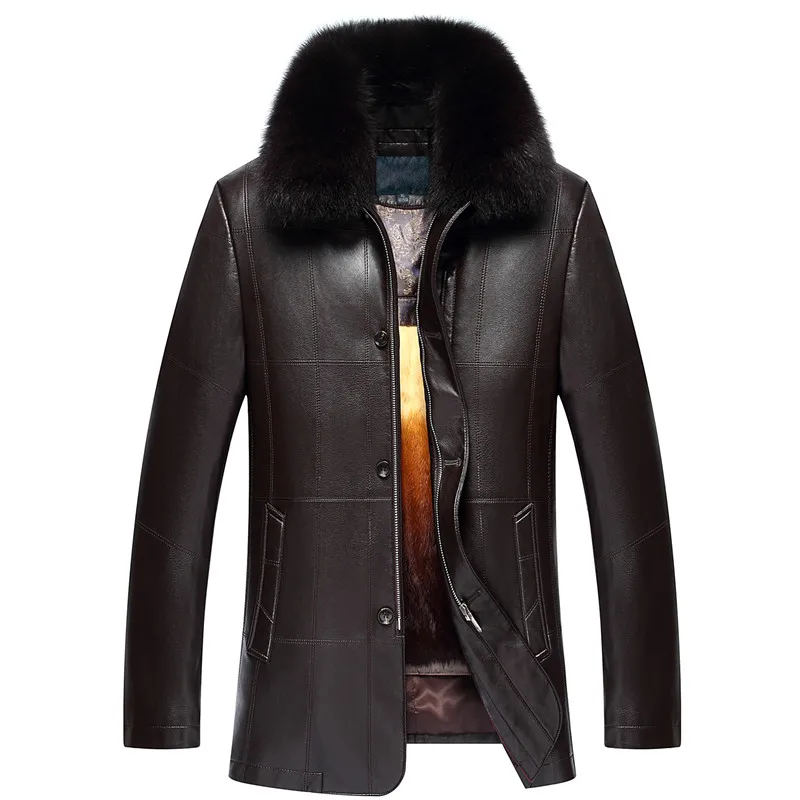 Winter Luxury Down Jacket Men Leather Jacket Male fur Coat Jackets Zipper Top Quality Windproof Warm Fox fur collar