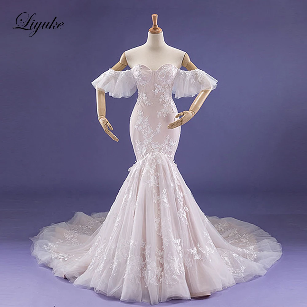 Liyuke Fabulous Dropped Waistline Mermaid Wedding Dress Court Train Inner Champagne Off The Shoulder Bridal Dresses