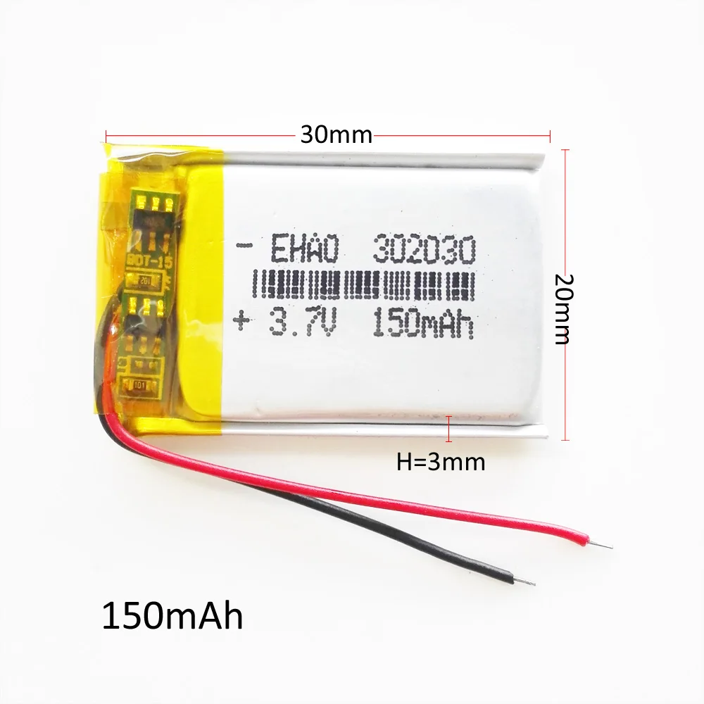 2 PCS 3.7V 150mAh Lithium Polymer LiPo Rechargeable Battery 302030 For Mp3 GPS PSP Bluetooth GPS DVD Vedio Pen Headphone