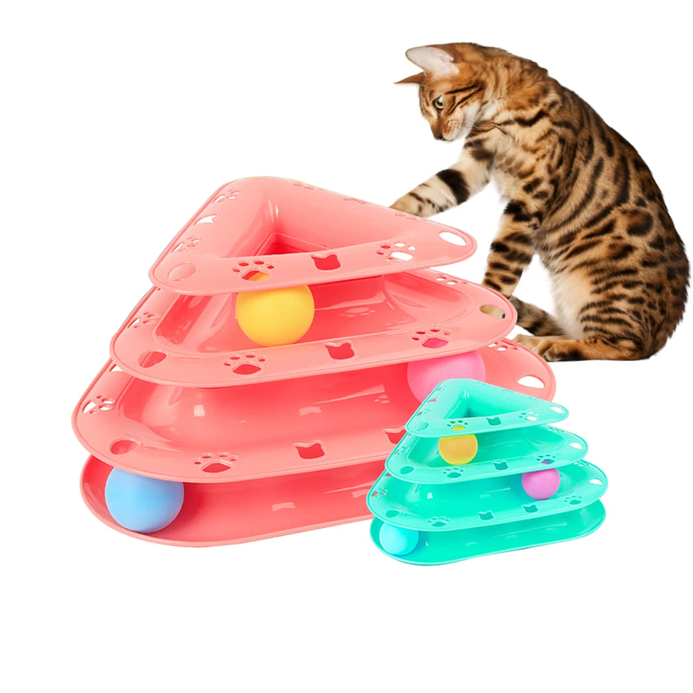 

Triangle Three Levels Cat Toys Interactive Ball Towers Cat Intelligence Play Tracks Disc Toy For Cats Tower Ball Training Plate