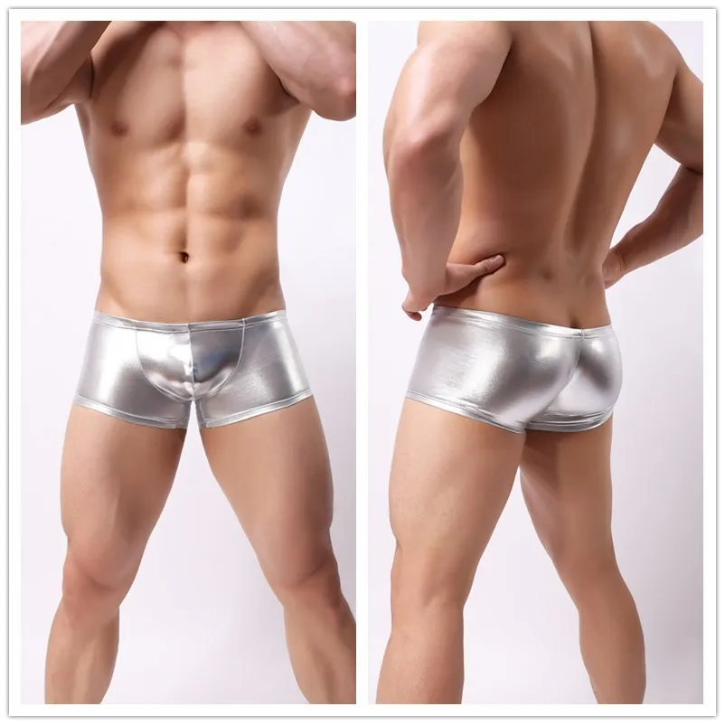 Boxer de couro brilhante para homens, U bolsa convexa, patente, Wetlook, troncos brilhantes, cuecas legais, shorts de cueca