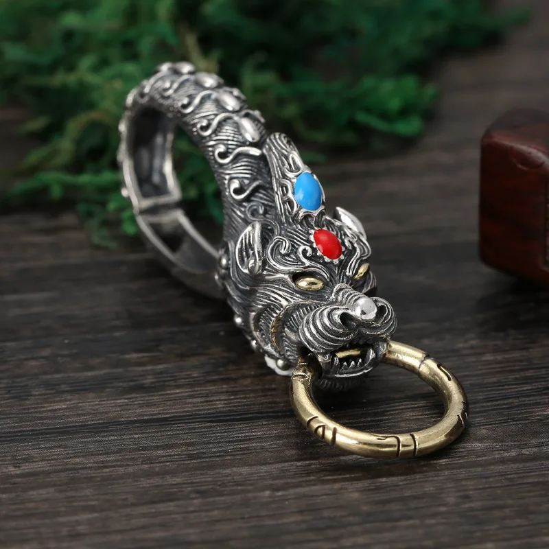 925 Sterling Silver Jewelry Keychain Wealth God Beast Pi Xiu Retro Thai Silver Key Ring Car Key Chain Men Belt Bag Buckle TSKC02