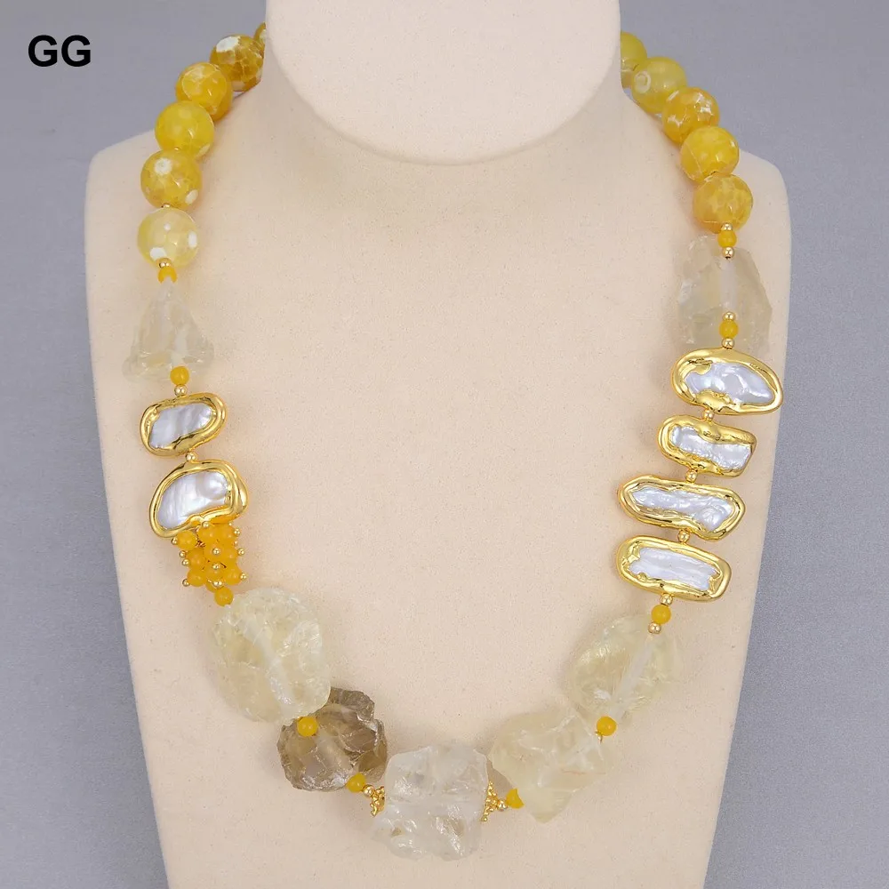 GG Natural Lemon Quartzs Rough White Biwa Freshwater Pearl Round Agates Choker Necklace 21