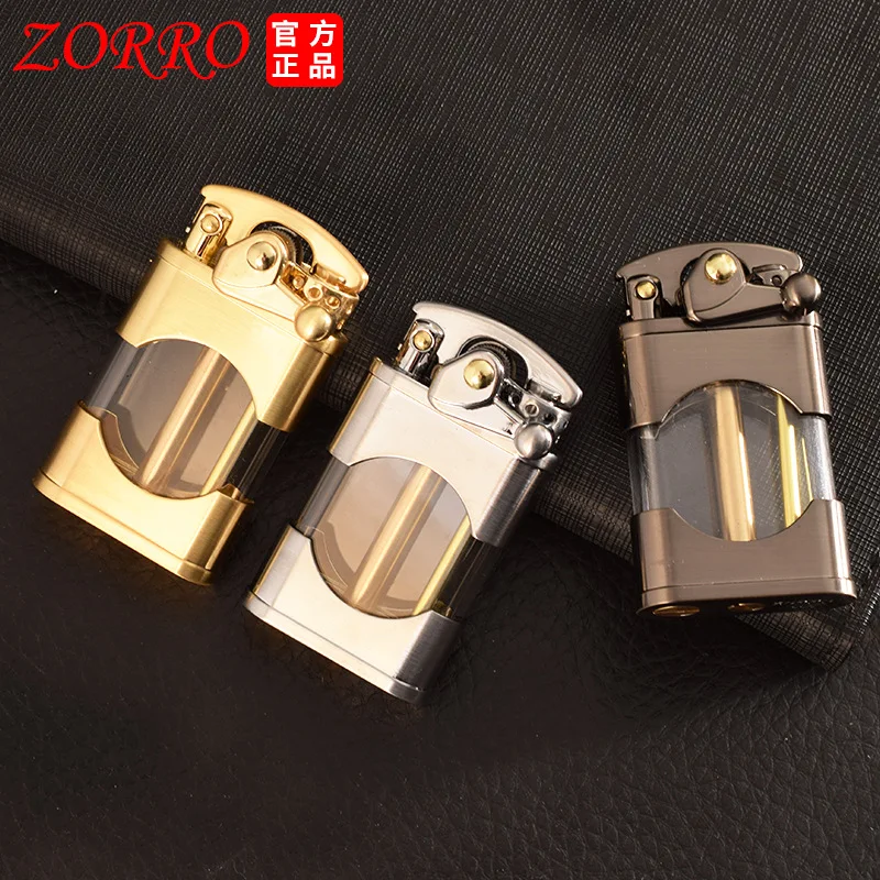 

ZORRO NEW Unusual Grinding Wheel Metal Kerosene Lighter Cigarette Cigar Lighter Gas Visible Smoking Accessories Gadgets For Men