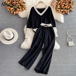 Neploe Stylish Autumn New Pant Sets Women V-neck Contrast Color Knitted Tops + Elastic High Waist Wide-leg Pants Two-piece Suit