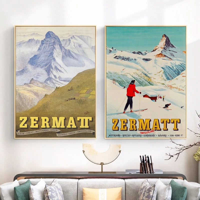 Zermatt Switzerland Matterhorn Print Vintage Ski Poster Retro Wall Art Picture Canvas Painting Travel Picture Home Wall Decor