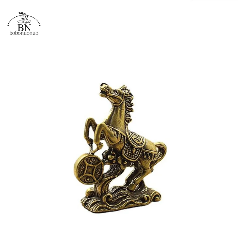 Solid Brass Lucky Coins Horse Small Statue Tea Pets Table Ornaments Vintage Copper Chinese Zodiac Animal Feng Shui Decors view 5