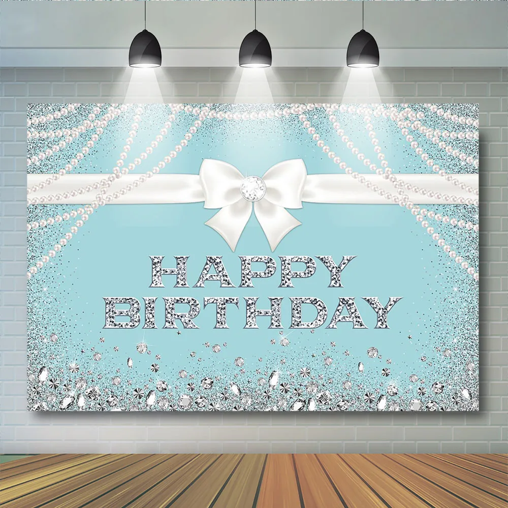 

Happy Birthday Diamond Themed Background Adult Kids Birthday Party Photography Backdrop Blue Curtain Bow Photobooth