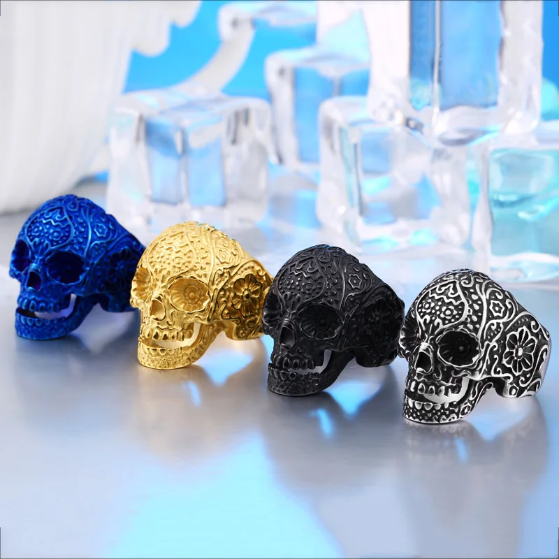 Steel soldier New Vintage Garden Flower Skull ring Black TITANIUM Mens Rings Fashion Jewelry Wholesale Price