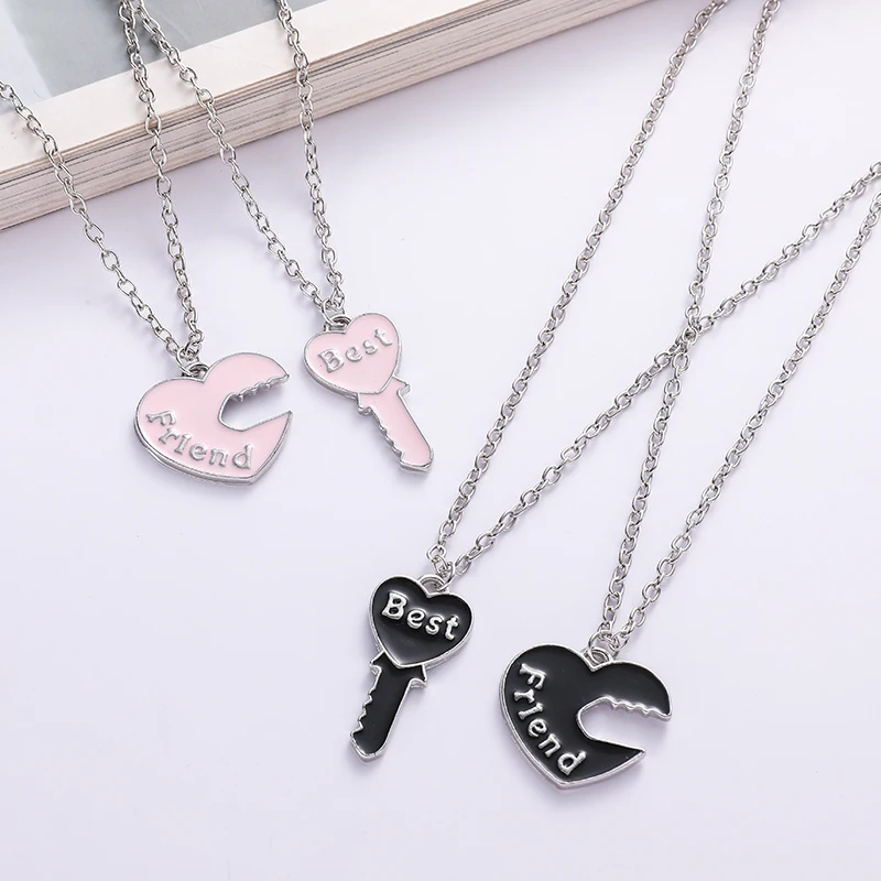 Hot Couple Pink Blue Heart Broken Best Friends Necklace Pendant Chain BFF Friendship Cute Jewelry Gifts For Kids 2PCS/Set