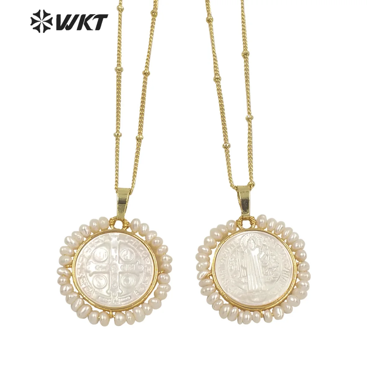 

WT-JN157 WKT Wholesale Round Mother of Pearl shell wire wrapped necklace Father of God Christian Cross pendant necklace